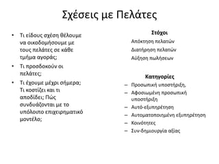 Σχέσεις με Πελάτες
• Τι είδους σχέση θέλουμε
να οικοδομήσουμε με
τους πελάτες σε κάθε
τμήμα αγοράς;
• Τι προσδοκούν οι
πελάτες;
• Τι έχουμε μέχρι σήμερα;
Τι κοστίζει και τι
αποδίδει; Πώς
συνδυάζονται με το
υπόλοιπο επιχειρηματικό
μοντέλο;
Κατηγορίες
– Προσωπική υποστήριξη,
– Αφοσιωμένη προσωπική
υποστήριξη
– Αυτό-εξυπηρέτηση
– Αυτοματοποιημένη εξυπηρέτηση
– Κοινότητες
– Συν-δημιουργία αξίας
Στόχοι
Απόκτηση πελατών
Διατήρηση πελατών
Αύξηση πωλήσεων
 