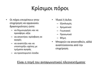Κρίσιμοι πόροι
• Οι πόροι επιτρέπουν στην
επιχείρηση να οργανώσει
δραστηριότητες ώστε:
– να δημιουργήσει και να
προσφέρει αξία
– να αποκτήσει πρόσβαση σε
αγορές
– να αναπτύξει και να
υποστηρίξει σχέσης με
τμήματα αγοράς
– να προσποριστεί έσοδα
• Υλικοί ή άυλοι
– Εξοπλισμός
– Χρηματικοί
– Γνωσιακοί
– Προσωπικό
– Φήμη
• Μπορούν να αποκτηθούν, αλλά
αναπτύσσονται από την
επιχείρηση
Είναι η πηγή του ανταγωνιστικού πλεονεκτήματος
 