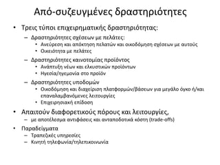 Από-συζευγμένες δραστηριότητες
• Τρεις τύποι επιχειρηματικής δραστηριότητας:
– Δραστηριότητες σχέσεων με πελάτες:
• Ανεύρεση και απόκτηση πελατών και οικοδόμηση σχέσεων με αυτούς
• Οικειότητα με πελάτες
– Δραστηριότητες καινοτομίας προϊόντος
• Ανάπτυξη νέων και ελκυστικών προϊόντων
• Ηγεσία/ηγεμονία στο προϊόν
– Δραστηριότητες υποδομών
• Οικοδόμηση και διαχείριση πλατφορμών/βάσεων για μεγάλο όγκο ή/και
επαναλαμβανόμενες λειτουργίες
• Επιχειρησιακή επίδοση
• Απαιτούν διαφορετικούς πόρους και λειτουργίες,
– με αποτέλεσμα αντιφάσεις και ανταποδοτικά κόστη (trade-offs)
• Παραδείγματα
– Τραπεζικές υπηρεσίες
– Κινητή τηλεφωνία/τηλεπικοινωνία
 