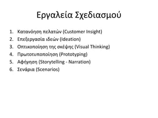 Εργαλεία Σχεδιασμού
1. Κατανόηση πελατών (Customer Insight)
2. Επεξεργασία ιδεών (Ideation)
3. Οπτικοποίηση της σκέψης (Visual Thinking)
4. Πρωτοτυποποίηση (Prototyping)
5. Αφήγηση (Storytelling - Narration)
6. Σενάρια (Scenarios)
 