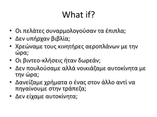 What if?
• Οι πελάτες συναρμολογούσαν τα έπιπλα;
• Δεν υπήρχαν βιβλία;
• Χρεώναμε τους κινητήρες αεροπλάνων με την
ώρα;
• Οι βιντεο-κλήσεις ήταν δωρεάν;
• Δεν πουλούσαμε αλλά νοικιάζαμε αυτοκίνητα με
την ώρα;
• Δανείζαμε χρήματα ο ένας στον άλλο αντί να
πηγαίνουμε στην τράπεζα;
• Δεν είχαμε αυτοκίνητα;
 