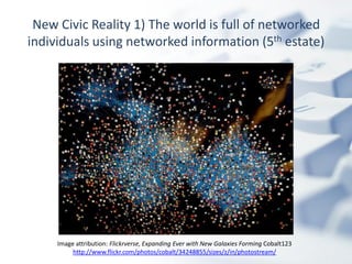 New Civic Reality 1) The world is full of networked
individuals using networked information (5th estate)




     Image attribution: Flickrverse, Expanding Ever with New Galaxies Forming Cobalt123
          http://www.flickr.com/photos/cobalt/34248855/sizes/z/in/photostream/
 