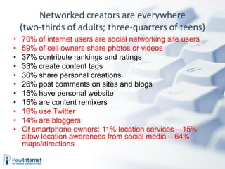 Networked creators are everywhere
    (two-thirds of adults; three-quarters of teens)
•   70% of internet users are social networking site users
•   59% of cell owners share photos or videos
•   37% contribute rankings and ratings
•   33% create content tags
•   30% share personal creations
•   26% post comments on sites and blogs
•   15% have personal website
•   15% are content remixers
•   16% use Twitter
•   14% are bloggers
•   Of smartphone owners: 11% location services – 15%
    allow location awareness from social media – 64%
    maps/directions
 