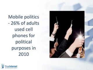 Mobile politics
- 26% of adults
    used cell
   phones for
    political
  purposes in
      2010

    Internet and Politics   3/9/2011   8
 