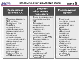 ◄ 
► 
8 
БАЗОВЫЕ СЦЕНАРИИ РАЗВИТИЯ КСОДД 
Приоритетное развитие УДС 
Приоритет общественного транспорта 
Рекомендуемый 
вариант 
•Максимальное развитие УДС, согласно Генеральному плану 
•Разработка функциональной классификации улиц города и нормативной базы для ее оптимального функционирования 
•Формирование опорного каркаса скоростных магистралей 
•Устройство мест временного и постоянного хранения автотранспорта 
•Развитие ИТС, в т.ч. АСУДД как элемента 
•Ограничение присутствия личного транспорта на УДС 
•Организация приоритетных условия для движения общественного транспорта 
•Развитие скоростных, внеуличных видов транспорта (метро, ЛРТ) 
•Совершенствование транспортно- пересадочных узлов 
•Устройство зон комфортного движения для пешеходов 
•Устройство велотранспортной инфраструктуры 
•Развитие ИТС 
•Ограничение присутствия личного транспорта в центральной части города 
•Организация эффективного парковочного пространства 
•Организация приоритетных условий для движения общественного транспорта 
•Развитие транспортно- пересадочных узлов и устройство пешеходных зон вблизи их 
•Развитие ИТС  