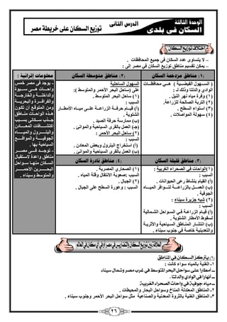 26 
لا ٣ز بَٟٝ ػلك ا بٌَُ ك ٠ ع ٤ٔغ ا ؾُٔبكظبد . – 
– : ٣ رو ٤َ بٓ٘ٛن رٞى ٣غ ا بٌَُ ك ٢ وٖٓ ئ ٠ُ 
1( ي بُطق يسزحمخ انطكب )ٌ 2( ي بُطق يز ضٕطخ انطكب يٌؼه يٕبد إثرائيخ : ( 
٣ٞعل ك ٠ وٖٓ ف - 
ٝاؽااااابد ٛااااا ٠ اٍاااا ٤ٞح 
ٝا لُاف اِاااااخ ٝا قُبهعااااااخ 
ٝا لُواكاااااوح ٝا جُؾو ٣اااااخ 
ٝ ا زُٔٞهاغ أ ر اٌٞ ٛااانٙ ا ُٞاؽااابد آ٘اابٛن 
عاااانة اٍااا بٌ ٠ٗ ث اَاااجت 
ا زً اْاااااابكبد ا ؼُٔااااااابك ٝا جُزااااااااوٝ ٝا ٤ُٔاااااااابٙ 
ا غُٞك ٤اااااااخ ٝا ُٞٔاهاااااااغ 
ا ٤َُبؽ ٤خ ثٜب . 
رٞعاااااال كاااااا ٠ آٖاااااو - 
بٓ٘ٛن ٝاػلح لا اٍزوجب ا اَُاا بٌ ٜٓ٘اااب اٍااٞاؽ ا جُؾااااااااااو ٣ الأؽ أاااااااااو 
ٝا زُٔٞ ٍٜ ٝ ٤ٍ ب٘ء . 
) ا اَُاااٜٞ ا لُ ٤ٚاااا ٤خ ( ٛاااا ٢ ؾٓبكظاااابد 
ا ُٞاك ١ ٝا لُ زُب ٝم يُ ـُ : 
. 1( ٝكوح ٤ٓبٙ ٜٗو ا ٤ُ٘ ( 
2( ا زُوثخ ا بُٖ ؾُخ يُِهاػخ. ( 
3( ا زٍٞاء ا طَُؼ . ( 
4( ٍٜٞ خُ ا ُٞٔا لٕاد . ( 
ا َُٜٞ ا بَُؽ ٤ِخ 
ػ ٠ِ ) بٍؽ ا جُؾو الأؽ ؤ ٝا زُٔٞ ٍٜ (: 
1( بٍؽ ا جُؾو ا زُٔٞ ٍٜ . ( 
ا جَُت : 
٤ٓاااابٙ الأ طٓاااابه )أ( ه ٤ااااب ؽوكااااخ ا يُهاػااااخ ػ اِااا ٠ 
ا زُْٞ ٣خ . 
)ة( بٓٔه خٍ ؽوكخ ا ٤ُٖل . 
)عـ( ا ؼُ ثب وُوٟ ا ٤َُبؽ ٤خ ٝا ُٞٔا ئٗ . 
2( بٍؽ ا جُؾو الأؽ ؤ : ( 
ا جَُت : 
)أ( ا زٍقواط ا جُزوٝ ٝثؼ ا ؼُٔبك . 
)ة( ا ؼُ ثب وُوٟ ا ٤َُبؽ ٤خ ٝا ُٞٔا ئٗ . 
3( ي بُطق قهيهخ انطكب )ٌ 4( ي بُطق بَزرح انطكب ( 
1(ا ُٞاؽبد ك ٢ ا ؾُٖواء ا ـُوث ٤خ : ( 
ا جَُت : 
)أ( ا وُ ٤ب ث بْ٘ٛ هػ ٠ ا ؾُ ٤ٞا بٗد . 
)ة( ا ؼُ أاااا ثب يُهاػاااااخ زُاااااٞاكو ا ٤ُٔااااابٙ 
ا غُٞك ٤خ . 
2( جّٚ عي ٣وح ٤ٍ ب٘ء : ( 
ا جَُت : 
)أ( ه ٤ااب ا يُهاػااخ كاا ٢ ا اَُاٞاؽ ا اُْا بٔ ٤ُخ 
وَُٞٛ الأ طٓبه ا زُْٞ ٣خ . 
)ة( ا زٗ اْابه ا أُ٘ابٛن ا اَُا ٤بؽ ٤خ ٝالأصو ٣ااخ 
ٝا زُؼل ٤٘ ٣ خ فب خٕ ك ٢ ع ٞ٘ة ٤ٍ ب٘ء . 
1( ا ؾُٖبه ١ ا ؤُٖ ٣خ . ( 
ا جَُت : ؼٕٞثخ الا زٗوب ٝه خِ ا ٤ُٔبٙ . 
2( ا غُجب . ( 
ا جَُت : ٝػٞهح ا طَُؼ ػ ٠ِ ا غُجب . 
1( يتركز الشلان في المناطق ( 
1ـ ا ـُ ٤٘خ ثب ٤ُٔبٙ ٍٞاء بً ذٗ : 
ــ أمطاراً على سىاحل البحر المتىسط في غرب مصر وشمال س نًاء 
ــ أنواراً في الىاد والدلتا . 
ــ م اًه جىف ةً في واحات الصحراء الغرب ةً 
2ـ ا بُٔ٘ٛن ا ؼُٔزل خُ ا بُٔ٘ؿ ٝ ٍٞاؽ ا جُؾبه ٝا ؾُٔ ٤طبد . 
3ـ ا بُٔ٘ٛن ا ـُ ٤٘خ ثب ضُوٝح ا ؼُٔل ٤ٗخ ٝا بُٖ٘ػ ٤خ ضٓ ٍٞاؽ ا جُؾو الأؽ ؤ ٝع ٞ٘ة ٤ٍ ب٘ء . 
 