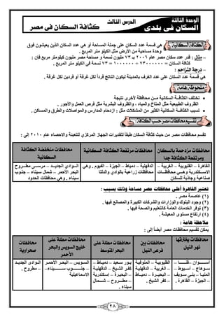 28 
٣ؼ ٤ ْٞ كٞم ٛ ٢ ه خَٔ ػلك ا بٌَُ ػ ٠ِ ع خِٔ ا بَُٔؽخ أٝ ٛ ٢ ػلك ا بٌَُ ا نُ ٣ 
ٝؽلح بَٓؽ ٤خ الأه ضٓ ا ٤ٌُ ِٞ زٓو ا ؤُثغ . 
٤ِٓٞ خَٗٔ ٝ بَٓؽخ وٖٓ ٤ِٓٞ ٤ً ِٞ زٓو وٓثغ كا : – ضٓب : هله ػلك بٌٍ وٖٓ ػب 2116 ثـ 73 
73 خَٗٔ ك ٠ ا ٤ٌُ ِٞ زٓو ا ؤُثغ . = 1111111 ÷ ضًبكخ ا بٌَُ = 73111111 
– 
درجة التشاحي 
: 
ٛ ٢ ه خَٔ ػلك ا بٌَُ ػ ٠ِ ػلك ا ـُوف ثب لُٔ ٣ خ٘ ٤ُ ٌٞ ا بُ٘رظ كوكا ؿوكخ أٝ كوك ٣ ؿوكخ . 
 رقز قِ ا ضٌُبكــخ ا بٌَُ ٤ٗخ ـٓـ ؾٓبكظخ لأفوٟ زٗ ٤غخ 
ا ظُوٝف ا طُج ٤ؼ ٤خ ضٓ ا بُٔ٘ؿ ٝا ٤ُٔبٙ ، ٝا ظُوٝف ا جُ وْ ٣خ ضٓ كو ا ؼُ ٝالأعٞه . 
 ر جَت ا ضٌُبكــخ ا بٌَُ ٤ٗخ ا ضٌُ ٤و ا لٌُْٔاد ضٓ : اىكؽب ا لُٔاه ٝا ُٞٔا لٕاد ٝا طُوم ٝا بَُٔ . 
: رو ؾٓبكظبد وٖٓ ؽ ٤ش ضًبكخ ا بٌَُ ٛجوب زُول ٣واد ا غُٜبى ا ؤُ يً ١ زُِؼجئخ ٝالاؽ بٖء ػب 2111 ئ ٠ُ 
محافظات وشدحمة بالضكا ووزتفعة الكجافة جذا 
محافظات وزتفعة الكجافة الضكا يٌة محافظات و خٍفضة الكجافة 
الضكا يٌة 
ا وُبٛوح ا وُ ٤ِٞث ٤خ ا ـُوث ٤خ – – – 
الا اٍاااا لٌ٘ه ٣خ ٝٛااااا ٢ ؾٓبكظااااابد 
بٕ٘ػ ٤خ ٝعبمثخ بٌَُِ – – – ا لُهٜ ٤ِخ ك ٤ٓبٛ ا غُ ٤يح ا لُ ٤ٞ . ٝٛ ٢ 
ؾٓبكظبد ىهاػ ٤خ ثب ُٞاك ١ ٝا لُ زُب 
ا اُاااٞاك ١ ا غُل ٣اااال وٓ اٍااا ٠ طٓاااااوٝػ – 
ا جُؾو الأؽ ؤ بّٔ اٍ ٤ ب٘ء ع ا٘ٞة – – 
٤ٍ ب٘ء . ٝٛ ٢ ؾٓبكظبد ا ؾُلٝك 
رؼزبر انقب رْح أػه محبفظبد يصر يطبحخ شٔنك ثطجت : 
1( ػب خٕٔ وٖٓ . ( 
2( ٝعٞك ا جُ ٞ٘ى ٝا ُٞىاهاد ٝا وُْ بًد ا جٌُ ٤وح ٝا بُٖٔ غٗ ك ٤ٜب . ( 
3( رٞكو ا قُل بٓد ا ؼُب خٓ بً زُؼ ٤ِ ٝا ؾُٖخ ك ٤ٜب . ( 
4( اهرلبع زَٟٓٞ ا ؼُٔ ٤ خْ . ( 
يلاحظخ بْيخ : 
: ٣ رو ٤َ ؾٓبكظبد وٖٓ أ ٣ٚبُ ئ ٠ُ 
محافظات يخترق اّ 
زٌّ ال يٍن 
محافظات بين 
فزعى ال يٍن 
محافظات وطمة عمى 
البخز المتوصط 
محافظات وطمة عمى 
خميج الضويط والبخز 
الأحمز 
محافظات 
صخزاوية 
أ اٍاااااااااٞا ه ا٘اااااااااب – – 
اٍااٞٛبط أ اٍاا ٤ٞٛ – – 
ا ٤ُٔ٘ااب ث ا٘ا ٠ اٍاٞ ٣ق – 
ا غُ ٤يح ا وُبٛوح . – – 
ا وُ ٤ِٞث ٤ااخ ا ُٞٔ٘ك ٤ااخ – 
ا ـُوث ٤خ ا لُهٜ ٤ِاخ – – 
ا جُؾ ٤اااوح ك ٤ٓااابٛ – – 
لًو ا ٤ُْـ . – 
ثااٞه اٍاؼ ٤ل ك ٤ٓاابٛ – – 
لًااو ا اُْا ٤ـ ا لُهٜ ٤ِااخ – 
ا جُؾ ٤اوح ئ اٍا لٌ٘ه ٣خ – – 
طٓااااااوٝػ اّااااا بٔ – – 
٤ٍ ب٘ء . 
ا اَُاٞ ٣ ا جُؾااو الأؽ أاو – 
ع ا٘اااااااااااٞة اٍاااااااااااا ٤ ب٘ء – – 
الا بٍٔػ ٤ِ ٤ خ 
ا اُااٞاكٟ ا غُل ٣ااال 
طٓوٝػ . – 
 