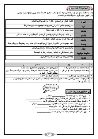 37 
. 1( ث ب٘ء ه ؼِخ ) لٗو ( بٍٔٛب ا ؼُوة ثؼل م يُ ) قٓ٘ ( زُ ٌٞ ػب خٕٔ جُِلاك ٝث ٠٘ ؽٞ ُٜب ٍٞها أث ٤ ( 
2( ر ٌٞ ٣ ع ٤ هٟٞ ؾُ بٔ ٣خ ا جُلاك الأػلاء . ( 
أضرح ا قُ ٤ِخ الأٝ ٠ُ ك ٠ ا غُٔز غٔ ٝرز ٌٞ الأة ٝالأ ٝالأث ب٘ء . 
قريخ رغ غٔ غٓ ٞٔػخ الأ وٍ ك ٠ بٌٓ ٝاؽل رغ ؼٜٔ ا بُٖٔ ؼُ ا زُْٔو خً . 
يسي خُ رغ غٔ غٓ ٞٔػخ ا وُوٟ ر ٌٞ لٓ ٣ خ٘ . 
إقهيى بٌٓ ٣ٚ غٓ ٞٔػخ ا وُوٟ ٝا لُٔ ك ٠ وٖٓ ا وُل ٣ خٔ ٝ بً ُٚ ؽب زَٓو . 
ػبص خً أ جًو لٓ ا لُٝ خُ ثٜب وٓو ا ؾُب ٝا ؾُ ٌٞ خٓ . 
حٔسح ئرؾبك غٓ ٞٔػخ الأهب ٤ُ أٝ ا لُٝ ك ٠ كٝ خُ ٝاؽلح ُٜب ؽب ٝاؽل ٝؽ ٌٞ خٓ وٓ يً ٣خ ٝاؽلح . 
اتحبز رواثٜ غٓ ٞٔػخ الأكواك ٝا غُ بٔػبد غٓ ثؼٜٚ ا جُؼ . 
٣ل ا ؾُب ٝ ؼٓبٝ ٤ٗٚ ٝ وٓوٛب ا ؼُب خٕٔ . 
حك يٕخ يركسيخ رو ٤ًي ا طَُِخ ك ٠ 
. يؼج زٕ الإ ُٚ ا نُٟ ٣ؼجل ك ٠ بٌٓ بٓ ٝرول ُٚ ا وُواث ٤ 
و الشـــــــــــــــــــــــــــــــؤال التفشيــــــــــــــــــــــــــــــر 
1 اهرلاء ا ئُِ 
٤ٓ ب٘ ا زُبط ا ئُكٝط ؟ زُ ٌٞ ك ٤ُ ا زٗ بٖهٙ ٝرٞؽ ٤ل ا زٌُِٔٔ ٤ رؾذ ؽ ٌٚٔ 
. 
2 ث ب٘ء ا ئُِ 
٤ٓ ب٘ لٓ ٣ خ٘ قٓ٘ أٝ لٗو ؟ ؽزاا ٠ ر اٌاٞ ػب إا خٔ ا اُاجلاك ا ُٞٔؽاالح ٝافزاابه ُٜااب ٞٓه ؼااب زٓٞ اٍاط ب ثاا ٤ 
زٌِٓٔ ٠ ا بُْٔ ٝا غُ ٞ٘ة. 
3 ر ٌٞ ٣ ا ئُِ 
٤ٓ ب٘ ع ٤ بْ هٞ ٣ب ؟ ؾُ بٔ ٣خ ا جُلاك الأػلاء . 
4 ك اْا ا ُٞؽاالح ا أُٖاو ٣خ ا زُاا ٠ رؾووااذ ػاب 4242 م . ؟ 
ث جَت ا وٗ بَ ا جُلاك وٓح أفوٟ ئ ٠ُ زٌِٓٔ ٠ ا بُْٔ ٝا غُ ٞ٘ة . 
ث كُ الأضئهخ 
ش 1 : أك مً انؼجبراد الآريخ : 
1 ًٞ ا ئُِ – ٤ٓ ب٘ ع ٤ بْ ؾُ بٔ ٣خ ....................... ا جُلاك . 
– 2 ارقند ا وُوٟ ٝا لُٔ ك ٢ ا ؤُؽ خِ الأٝ ٠ُ ا ُٞؽلح ؼٓجٞكاد ....................... 
– 3 ارؾلد خٌِٓٔ ا غُ ٞ٘ة ا وُوٟ ٝا لُٔ ا ُٞٔعٞكح ك ٢ ا ُٞعٚ ....................... 
– 4 لٓ ٣ خ٘ ثٞرٞ ػب خٕٔ خٌِٓٔ ا بُْٔ بً ذٗ روغ هوة ....................... ؽب ٤ُب . 
– 5 غٗؾذ ا ؾُٔبٝ خُ 4242 هج ٤ٓلاك الأٝ ٠ُ ُِٞؽلح ك ٢ ....................... 
– 6 الا ا ضُب ٢ٗ ئُِِ ٤ٓ ب٘ ٛٞ ا ئُِ ....................... 
– 7 أٝ ؼّت ؽون ا ُٞؽلح جُ ب٘ء ا ؾُٚبهح ٛٞ ا ؼُْت ....................... 
 