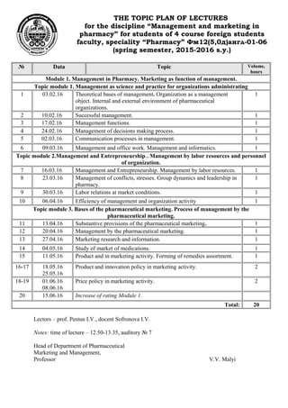 THE TOPIC PLAN OF LECTURES
for the discipline “Management and marketing in
pharmacy” for students of 4 course foreign students
faculty, speciality “Pharmacy” Фм12(5,0д)англ-01-06
(spring semester, 2015-2016 s.y.)
№ Data Topic Volume,
hours
Module 1. Management in Pharmacy. Marketing as function of management.
Topic module 1. Management as science and practice for organizations administrating
1 03.02.16 Theoretical bases of management. Organization as a management
object. Internal and external environment of pharmaceutical
organizations.
1
2 10.02.16 Successful management. 1
3 17.02.16 Management functions. 1
4 24.02.16 Management of decisions making process. 1
5 02.03.16 Communication processes in management. 1
6 09.03.16 Management and office work. Management and informatics. 1
Topic module 2.Management and Entrepreneurship.. Management by labor resources and personnel
of organization.
7 16.03.16 Management and Entrepreneurship. Management by labor resources. 1
8 23.03.16 Management of conflicts, stresses. Group dynamics and leadership in
pharmacy.
1
9 30.03.16 Labor relations at market conditions. 1
10 06.04.16 Efficiency of management and organization activity 1
Topic module 3. Bases of the pharmaceutical marketing. Process of management by the
pharmaceutical marketing.
11 13.04.16 Substantive provisions of the pharmaceutical marketing. 1
12 20.04.16 Management by the pharmaceutical marketing. 1
13 27.04.16 Marketing research and information. 1
14 04.05.16 Study of market of medications. 1
15 11.05.16 Product and in marketing activity. Forming of remedies assortment. 1
16-17 18.05.16
25.05.16
Product and innovation policy in marketing activity. 2
18-19 01.06.16
08.06.16
Price policy in marketing activity. 2
20 15.06.16 Increase of rating Module 1.
Total: 20
Lectors – prof. Pestun I.V., docent Sofronova I.V.
Notes: time of lecture – 12.50-13.35, auditory № 7
Head of Department of Pharmaceutical
Marketing and Management,
Professor V.V. Malyi
 
