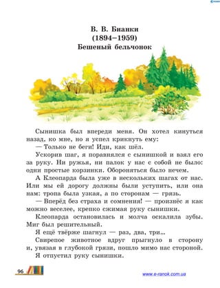 В.  В.  Бианки
(1894–1959)
Бешеный бельчонок
Сынишка был впереди меня. Он хотел кинуться
назад, ко мне, но я успел крикнуть ему:
— Только не беги! Иди, как шёл.
Ускорив шаг, я поравнялся с сынишкой и взял его
за руку. Ни ружья, ни палок у нас с собой не было:
одни простые корзинки. Обороняться было нечем.
А Клеопарда была уже в нескольких шагах от нас.
Или мы ей дорогу должны были уступить, или она
нам: тропа была узкая, а по сторонам — грязь.
— Вперёд без страха и сомнения!  — произнёс я как
можно веселее, крепко сжимая руку сынишки.
Клеопарда остановилась и молча оскалила зубы.
Миг был решительный.
Я ещё твёрже шагнул — раз, два, три…
Свирепое животное вдруг прыгнуло в сторону
и, увязая в глубокой грязи, пошло мимо нас стороной.
Я отпустил руку сынишки.
96 www.e-ranok.com.ua
 