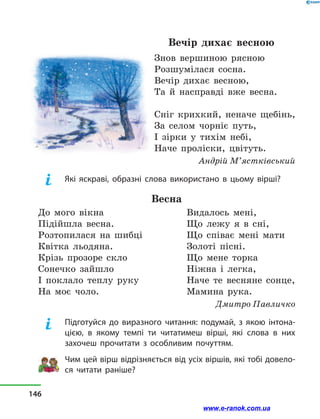 Вечір дихає весною
Знов вершиною рясною
Розшумілася сосна.
Вечір дихає весною,
Та й  насправді вже весна.
Сніг крихкий, неначе щебінь,
За селом чорніє путь,
І зірки у  тихім небі,
Наче проліски, цвітуть.
Андрій М’ястківський
Які яскраві, образні слова використано в  цьому вірші?
Весна
До мого вікна
Підійшла весна.
Розтопилася на шибці
Квітка льодяна.
Крізь прозоре скло
Сонечко зайшло
І поклало теплу руку
На моє чоло.
Видалось мені,
Що лежу я в  сні,
Що співає мені мати
Золоті пісні.
Що мене торка
Ніжна і  легка,
Наче те весняне сонце,
Мамина рука.
Дмитро Павличко
Підготуйся до виразного читання: подумай, з  якою інтона-
цією, в  якому темпі ти читатимеш вірші, які слова в них
захочеш прочитати з  особливим почуттям.
Чим цей вірш відрізняється від усіх віршів, які тобі довело-
ся читати раніше?
146
www.e-ranok.com.ua
 