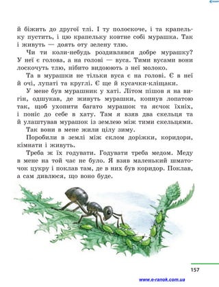 й  біжить до другої тлі. І ту полоскоче, і  та крапель-
ку пустить, і  цю крапельку ковтне собі мурашка. Так
і  живуть  — доять оту зелену тлю.
Чи ти коли-небудь роздивлявся добре мурашку?
У  неї є голова, а  на голові — вуса. Тими вусами вони
лоскочуть тлю, нібито видоюють з  неї молоко.
Та в  мурашки не тільки вуса є на голові. Є в  неї
й  очі, лупаті та круглі. Є ще й  кусачки-кліщаки.
У мене був мурашник у  хаті. Літом пішов я на ви-
гін, одшукав, де живуть мурашки, копнув лопатою
так, щоб ухопити багато мурашок та яєчок їхніх,
і  поніс до себе в  хату. Там я взяв два скельця та
й  улаштував мурашок із землею між тими скельцями.
Так вони в  мене жили цілу зиму.
Поробили в  землі між склом доріжки, коридори,
кімнати і  живуть.
Треба ж їх годувати. Годувати треба медом. Меду
в  мене на той час не було. Я взяв маленький шмато-
чок цукру і поклав там, де в них був коридор. Поклав,
а  сам дивлюся, що воно буде.
157
www.e-ranok.com.ua
 