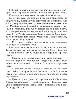 І обидві подружки дременули навтіки, тільки май-
нули їхні червоні хвостики. Горчак теж умить зник.
Колючка лишився один на порозі своєї хатки.
Та щучка була молоденька і  недосвідчена. Вона, не
роздумуючи, блискавично кинулась на колючку. Але
той відразу перетворився у якесь маленьке страховись-
ко. Усі його колючі плавці і  три головних списи стир-
чали погрозливо. Він був у  повній бойовій готовності.
А щука роззявила велику пащу і, не роздумуючи, вхо-
пила його. Та від страшного болю змушена була відра-
зу ж викинути його назад. Ображена і  роздосадувана,
вона попливла у  зарості.
— У-у, тепер довіку пам’ятатиму цих жахливих
колючок!  — лютувала вона.
І колючка теж довго не міг отямитись після нападу.
Та за деякий час він знову заходився біля гніздечка.
Уже надвечір знову підпливли подружки красно-
пірки.
— Дивись, яке гніздо спорудив отой колючка!  —
сказала перша.— Яке кругле, акуратне! Жодна стеб­
линка не витикається із стінок. І вхід теж круглень-
кий.
— А сам хазяїн так і  чатує ворогів на порозі своєї
оселі. Обидві подружки попливли далі, але їх мучила
цікавість, і  другого дня вони знову причаїлись поміж
водоростей.
— Дивись, у  гніздечку на протилежній стінці вже
й інший хід з’явився! — помітила одна.— Там, значить,
уже й  мати-колючка. Вона, певне, відклала ікру і  зро-
била другий хід.
163
www.e-ranok.com.ua
 