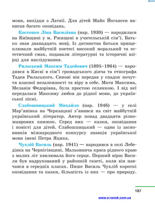 мови, вихідця з  Латвії. Для дітей Майк Йогансен на-
писав багато оповідань.
Костенко Ліна Василівна (нар. 1930) — народилася
на Київщині у м. Ржищеві в учительській сім’ї. Бать-
ко знав дванадцять мов). Із дитинства батьки прище-
плювали майбутній поетесі високий моральний та ес-
тетичний смак, подавали літературні та історичні взі-
рці для наслідування.
Рильський Максим Тадейович (1895–1964)  — наро-
дився в  Києві в сім’ї громадського діяча та етнографа
Тадея Рильського. Синові він передав у спадок почут-
тя власної незалежності та віру в себе. Мати Максима,
Меланія Федорівна, була простою селянкою. І від неї
передалася Максиму любов до  рідної мови, до україн-
ської пісні.
Слабошпицький Михайло (нар. 1946) — у селі
Мар’янівка на Черкащині з’явився на світ майбутній
український літератор. Автор понад двадцяти різно-
жанрових книжок. Серед них  — казки, оповідання
і  повісті для дітей. Слабошпицький — один із засно-
вників міжнародного конкурсу знав­ців української
мови імені Петра Яцика.
Чухліб Василь (нар. 1941) — народився в селі Лебе-
дівка на Чернігівщині. Мальовнича краса рідного краю
з малих літ хвилювала його серце. Перший вірш Васи-
ля був надрукований у районній газеті, коли він нав­
чався в середніх класах. Пише Василь Чухліб короткі
оповідан­ня та казки, більшість із  них — про природу.
187
www.e-ranok.com.ua
 
