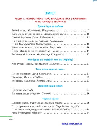 Зміст
Розділ 1. «СЛОВО, НАЧЕ ПТАХ, НАРОДЖУЄТЬСЯ З КРИЛАМИ»:
УСНА НАРОДНА ТВОРЧІСТЬ
Дитячі ігри та забави
Веселі танці. Олександр Білоусенко. . . . . . . . . . . . . . . . . . . . . . .  7
Котився віночок по полю. Жниварська пісня. . . . . . . . . . . . . .  10
Дитячі іграшки. Осип Бодянський. . . . . . . . . . . . . . . . . . . . . . .  11
Як діти гулялися. За Борисом Грінченком
та Олександром Білоусенком. . . . . . . . . . . . . . . . . . . . . . . . . . 12
Через тин вишня похилилася. Мирилка. . . . . . . . . . . . . . . . . .  16
Йшла Маринка на стежинку. Лічилка . . . . . . . . . . . . . . . . . . .  17
Безконечні казочки. Олександр Білоусенко . . . . . . . . . . . . . . .  17
Хто бував на Україні? Хто зна Україну?
Хто бував і  знає… За Марком Вовчком. . . . . . . . . . . . . . . . . . . . 21
Тихо осінь ходить гаєм…
Ліс на світанку. Ліна Костенко. . . . . . . . . . . . . . . . . . . . . . . . . . 21
Жовтень. Наталя Забіла. . . . . . . . . . . . . . . . . . . . . . . . . . . . . . . 22
Жовтень. Анатолій Костецький. . . . . . . . . . . . . . . . . . . . . . . . . . 23
Легенди нашої землі
Цвіркун. Легенда. 24
Як мати стала зозулею. Легенда . . . . . . . . . . . . . . . . . . . . . . . .  26
Чарівні казки
Царівна-жаба. Українська народна казка. . . . . . . . . . . . . . . . .  29
Про королевича та залізного вовка. Українська народна
казка в  літературній обробці Наталі Забіли. . . . . . . . . . . . 44
Урок літературної творчості. . . . . . . . . . . . . . . . . . . . . . . . . . . . . . . . 54
188
www.e-ranok.com.ua
 
