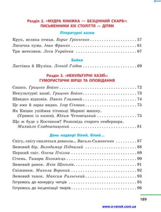 Розділ 2. «Мудра книжка — безцінний скарб»:
ПИСЬМЕННИКИ ХІХ СТоліття  — ДІТЯМ
Літературні казки
Крук, велика птиця. Борис Грінченко. . . . . . . . . . . . . . . . . . . .  57
Лисичка кума. Іван Франко. . . . . . . . . . . . . . . . . . . . . . . . . . . .  61
Три метелики. Леся Українка . . . . . . . . . . . . . . . . . . . . . . . . . .  67
Байки
Ластівка й  Шуліка. Леонід Глібов. . . . . . . . . . . . . . . . . . . . . . .  69
Розділ 3. «НЕКУЛЬТУРНІ ХАЗЯЇ»:
ГУМОРИСТИЧНІ ВІРШІ ТА  ОПОВІДАННЯ
Сашко. Грицько Бойко. . . . . . . . . . . . . . . . . . . . . . . . . . . . . . . . . . 72
Некультурні хазяї. Грицько Бойко. . . . . . . . . . . . . . . . . . . . . . .  73
Швидко відповів. Павло Глазовий. . . . . . . . . . . . . . . . . . . . . . . . 74
Це вже й  зараз видно. Ігор Січовик. . . . . . . . . . . . . . . . . . . . . .  75
Як Кицик упіймав тітоньці Марині мишку.
(Уривок із казки). Юхим Чеповецький. . . . . . . . . . . . . . . . .  75
Що ж буде з  Костиком? Розповідь старого сенбернара.
Михайло Слабошпицький . . . . . . . . . . . . . . . . . . . . . . . . . . . . . 81
День надворі білий, білий…
Снігу, снігу сиплеться довкола… Василь Симоненко . . . . . . . . . . 87
Зимовий бір. Володимир Підпалий . . . . . . . . . . . . . . . . . . . . . . . 88
Перший сніг. Олена Пчілка . . . . . . . . . . . . . . . . . . . . . . . . . . . .  89
Січень. Тамара Коломієць. . . . . . . . . . . . . . . . . . . . . . . . . . . . . .  90
Зимовий ранок. Яків Щоголів. . . . . . . . . . . . . . . . . . . . . . . . . . .  91
Сніжинки. Микола Вороний. . . . . . . . . . . . . . . . . . . . . . . . . . . .  92
Зимовий танок. Максим Рильський. . . . . . . . . . . . . . . . . . . . . .  93
Готуємось до конкурсу читців . . . . . . . . . . . . . . . . . . . . . . . . . . . . .  95
Готуємось до інсценізації творів. . . . . . . . . . . . . . . . . . . . . . . . . . . .  96
189
www.e-ranok.com.ua
 
