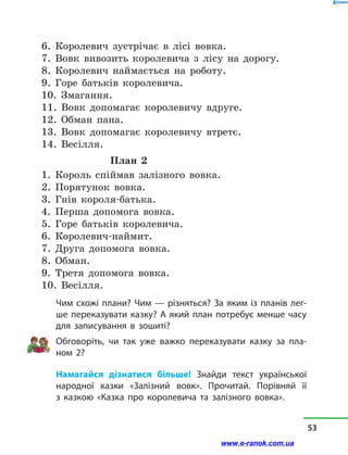 6. Королевич зустрічає в  лісі вовка.
7. Вовк вивозить королевича з  лісу на дорогу.
8. Королевич наймається на роботу.
9. Горе батьків королевича.
10. Змагання.
11. Вовк допомагає королевичу вдруге.
12. Обман пана.
13. Вовк допомагає королевичу втретє.
14. Весілля.
План 2
1. Король спіймав залізного вовка.
2. Порятунок вовка.
3. Гнів короля-батька.
4. Перша допомога вовка.
5. Горе батьків королевича.
6. Королевич-наймит.
7. Друга допомога вовка.
8. Обман.
9. Третя допомога вовка.
10. Весілля.
Чим схожі плани? Чим — різняться? За яким із планів лег-
ше переказувати казку? А який план потребує менше часу
для записування в  зошиті?
Обговоріть, чи так уже важко переказувати казку за пла-
ном 2?
Намагайся дізнатися більше! Знайди текст української
народної казки «Залізний вовк». Прочитай. Порівняй її
з  казкою «Казка про королевича та залізного вовка».
53
www.e-ranok.com.ua
 