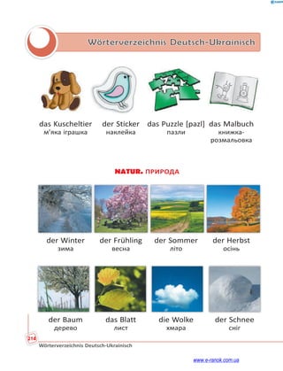 214
Wörterverzeichnis Deutsch-Ukrainisch
Wörterverzeichnis Deutsch-Ukrainisch
das Kuscheltier der Sticker das Puzzle [pazl] das Malbuch
м’яка іграшка наклейка пазли книжка-
розмальовка
NATUR. ПРИРОДА
der Winter der Frühling der Sommer der Herbst
зима весна літо осінь
der Baum das Blatt die Wolke der Schnee
дерево лист хмара сніг
www.e-ranok.com.ua
 