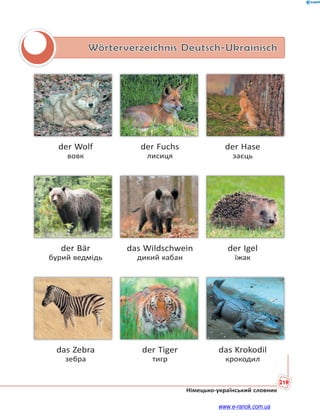 219
Німецько-український словник
Wörterverzeichnis Deutsch-Ukrainisch
der Wolf der Fuchs der Hase
вовк лисиця заєць
der Bär das Wildschwein der Igel
бурий ведмідь дикий кабан їжак
das Zebra der Tiger das Krokodil
зебра тигр крокодил
www.e-ranok.com.ua
 