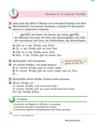 Le ktion
32
Lektion 1. Hier leben wir
1 Stunde 9. In meiner Straße
5 Seht euch das Bild in Übung 4 an und spielt Dialoge mit dem
Wortmaterial. Розгляньте малюнок у вправі 4 й розіграйте
діалоги з поданими словами.
die Post, die Fabrik, die Schule, der Zirkus, der Zoo,
der Bahnhof, das Kino, der Park, der Spielzeugladen, das Café,
die Hochhäuser, die Farm, der Kleiderladen, der Blumenladen
A: Gibt es in der Straße eine Post?
B: Ja, in der Straße gibt es eine Post.
A: Gibt es in der Straße einen Zoo?
B: Nein, in der Straße gibt es keinen Zoo.
6 Kettenspiel. Гра-ланцюжок.
«In meiner Straße». «На моїй вулиці».
A: In meiner Straße gibt es einen Laden.
B: In meiner Straße gibt es einen Laden und ein Kino.
C: …
7 Beschreibe deine Straße. Опиши свою вулицю.
Meine Straße ist...
In meiner Straße sind ein/eine/viele...
In meiner Straße gibt es auch einen/eine/ein/viele...
Auf der Straße fahren...
Я можу:
 назвати, які будівлі та об’єкти є на вулиці;
 описати вулицю за допомогою схеми;
 написати коротке повідомлення про свою вулицю.
5
6 Пояснення до гри
дивись на стор. 225.
7

www.e-ranok.com.ua
 
