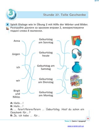 Le kt
ion
79
Тема 3. Свята і традиції
3 Stunde 27. Tolle Geschenke
4 Spielt Dialoge wie in Übung 2 mit Hilfe der Wörter und Bilder.
Розіграйте діалоги за зразком вправи 2, використовуючи
подані слова й малюнки.
Anna
Geburtstag
am Sonntag
Jürgen
Geburtstag
heute
ich
Geburtstag am
Samstag
wir
Geburtstag
am Dienstag
Birgit
und
Niklas
Geburtstag
am Montag
A: Hallo…!
B: Hallo…!
A: … feiert/feiere/feiern … Geburtstag. Hast du schon ein
Geschenk für…?
B: Ja, ich habe … für…
4
www.e-ranok.com.ua
 