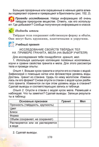 Большие прозрачные или окрашенные в нежные цвета алма­
зы подвергают огранке и превращают в бриллианты (рис. 152, 2).
Проведи исследование. Найди информацию об очень
твёрдом природном веществе. Отметь, как его использу­
ют. Где добывают? Сообщи полученную информацию в классе.
В П одведи итоги
Твёрдые тела сохраняют собственную форму и объём.
Они могут быть хрупкими, пластичными и упругими.
Р Учебный проект
ИССЛЕДОВАНИЕ СВОЙСТВ ТВЁРДЫХ ТЕЛ
НА ПРИМЕРЕ ГРАНИТА, МЕЛА (НА ВЫБОР УЧИТЕЛЯ)
Для исследования тебе понадобятся: гранит, мел.
1. Используя школьную коллекцию полезных ископаемых,
изучи и сравни свойства гранита и мела. Для этого рассмотри
тела и проведи опыты:
Опыт 1. Возьми кусок гранита и опусти его в стакан с водой.
Зафиксируй с помощью нитки или фломастера уровень воды.
Достань гранит из стакана. Ударь по нему молотком. Измени­
лась ли его форма? Снова опусти в стакан с водой куски разби­
того гранита. Изменится ли при этом уровень воды в стакане?
Сделай выводы и соответствующую запись в таблице.
Опыт 2. Опусти в стакан с водой кусок мела. Размешай и
наблюдай. Что ты заметил? Сделай выводы. Запиши результа­
ты в таблицу.
Основные признаки Гранит Мел
Прочность (твёрдость, хрупкость)
Цвет
Блеск
Форма
Объём (сохраняет, не сохраняет)
Растворяется или не растворяется
в воде
2. Сделай выводы.
170
 