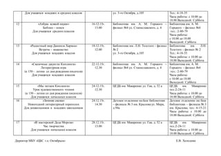 Для учащихся младших и средних классов ул. 3-го Октября, д.105 Тел.: 4-18-35
Часы работы: с 10.00 до
18.00 Выходной: Суббота
12 «Азбука всякой науки»
Библио – поиск
Для учащихся средних классов
16.12.15г.
13.00
Библиотека им. А. М. Горького –
филиал №4 ул. Станиславского, д. 4
Библиотека им. А. М.
Горького – филиал №4
тел.: 2-80-79
Часы работы:
с 10.00 до 18.00
Выходной: Суббота
13 «Радостный мир Даниила Хармса»
Встреча – знакомство
Для учащихся младших классов
18.12.15г.
12.00
Библиотека им. Л.Н. Толстого - филиал
№ 2
ул. 3-го Октября, д.105
Библиотека им. Л.Н.
Толстого - филиал № 2
Тел.: 4-18-35
Часы работы: с 10.00 до
18.00 Выходной: Суббота
14 «Сказочные джунгли Киплинга»
Литературная игра
(к 150 - летию со дня рождения писателя)
Для учащихся младших классов
22.12.15г.
12.30
Библиотека им. А. М. Горького –
филиал №4 ул. Станиславского, д. 4
Библиотека им. А. М.
Горького – филиал №4
тел.: 2-80-79
Часы работы:
с 10.00 до 18.00
Выходной: Суббота
15 «Мы читаем Киплинга»
Урок художественного чтения
(к 150 – летию со дня рождения писателя)
Для учащихся начальных классов
24.12.15г.
12.30
ЦГДБ им. Макаренко ул. Гая, д. 52 а ЦГДБ им. Макаренко
тел.:2-24-11
Часы работы: с 10.00 до
18.00 Выходной: Суббота
16 «Зимняя сказка»
Новогодний литературный переполох
Для дошкольников и младших школьников
24.12.15г.
14.30
Детское отделение на базе библиотеки
– филиала № 3 им. Крылова ул. Мира,
д.94а
Детское отделение на базе
библиотеки – филиала № 3
им. Крылова; тел.: 4-15-21
Часы работы: с 10.00 до
18.00 Выходной: Суббота
17 «В мастерской Деда Мороза»
Час творчества
Для учащихся начальных классов
28.12.15г.
13.00
ЦГДБ им. Макаренко ул. Гая, д. 52 а ЦГДБ им. Макаренко
тел.:2-24-11
Часы работы: с 10.00 до
18.00 Выходной: Суббота
Директор МБУ «ЦБС г.о. Октябрьск» Е.В. Холодова
 