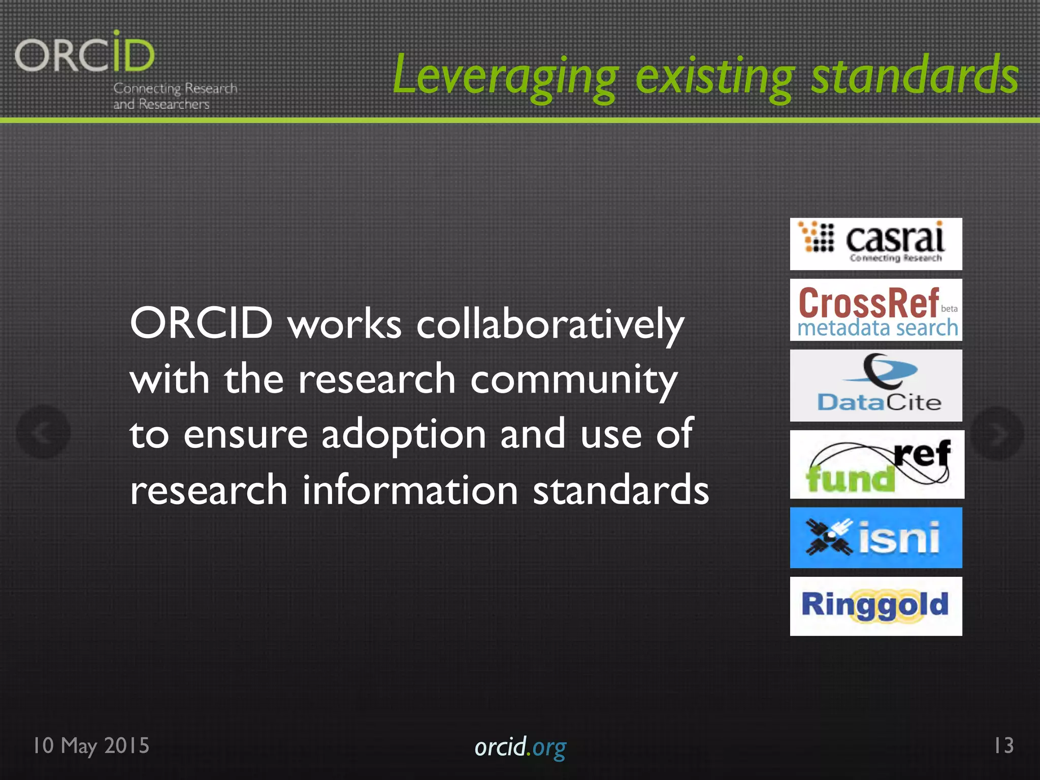 Leveraging existing standards
10 May 2015 orcid.org	

 13
ORCID works collaboratively
with the research community
to ensure adoption and use of
research information standards
 