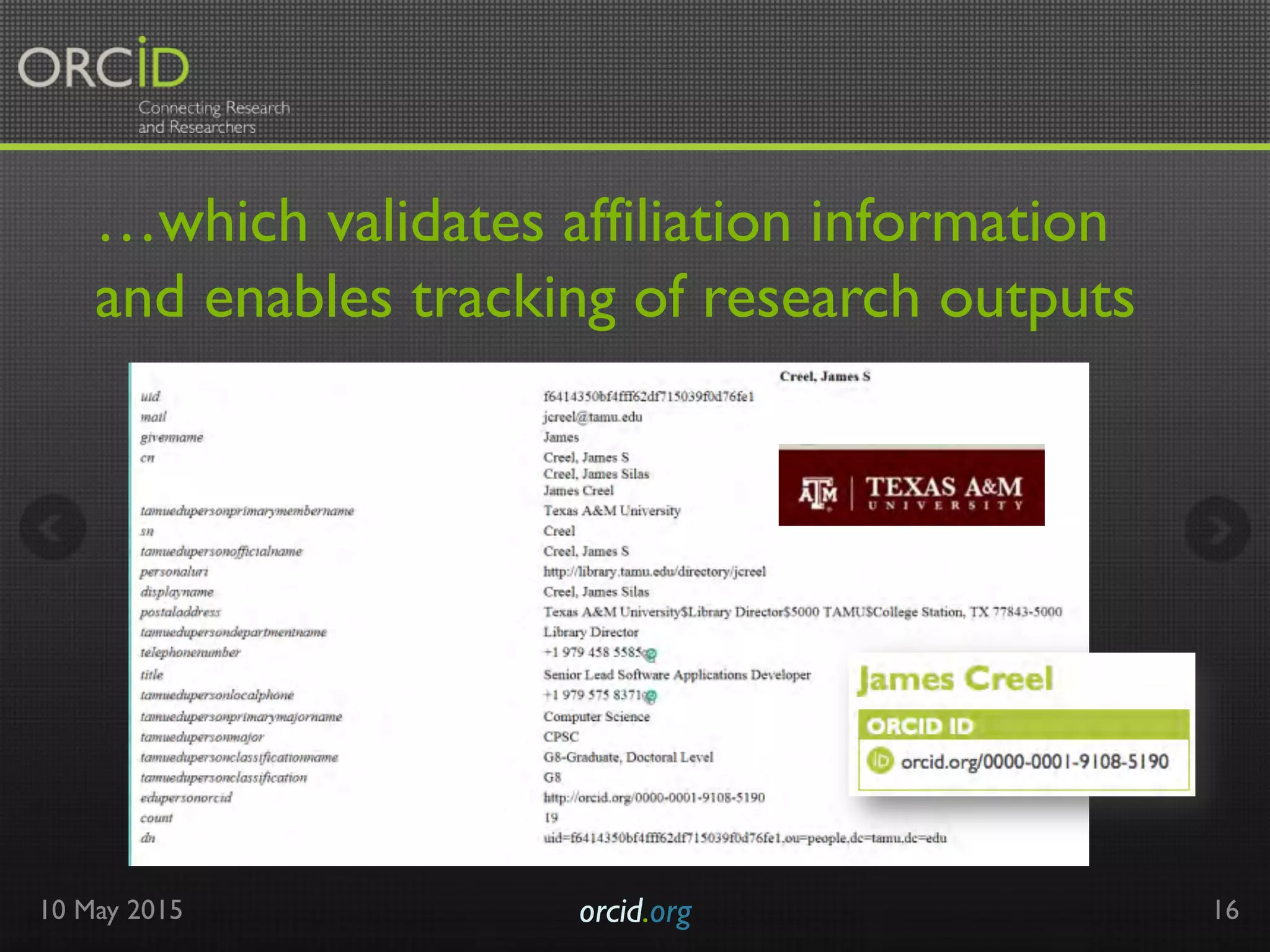 …which validates affiliation information
and enables tracking of research outputs
10 May 2015 orcid.org	

 16
 