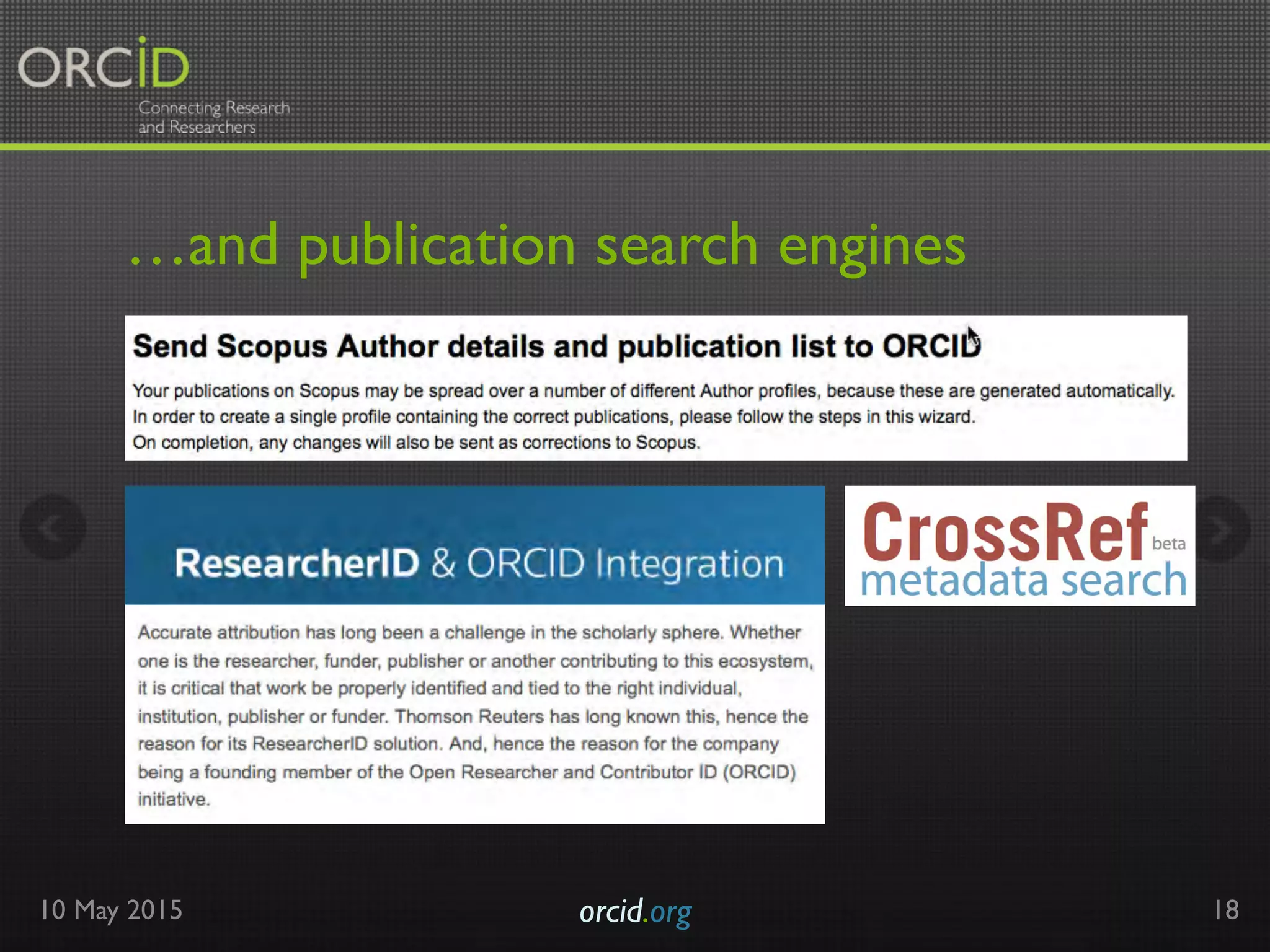 …and publication search engines
10 May 2015 orcid.org	

 18
 