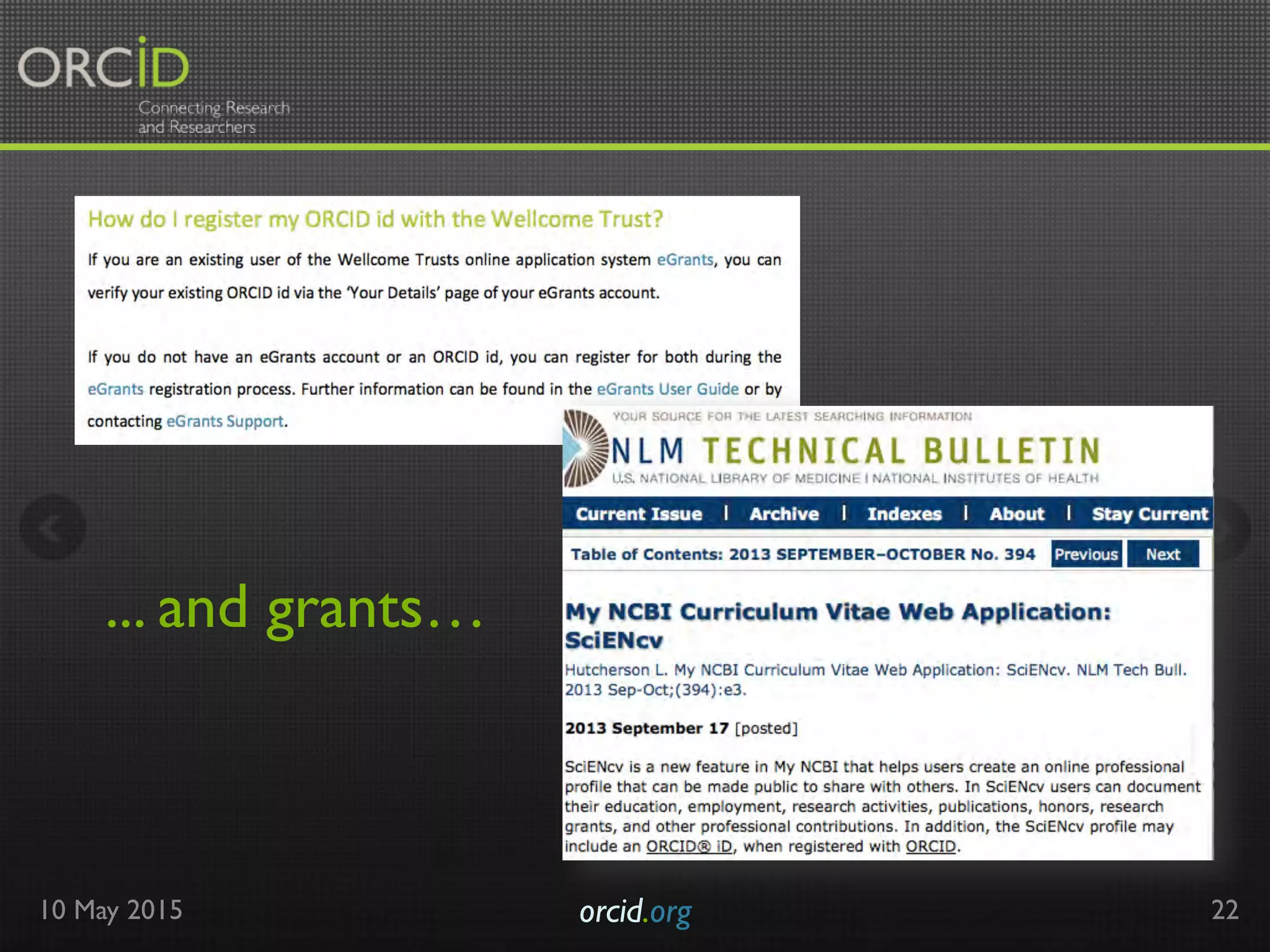 10 May 2015 orcid.org	

 22
... and grants…
 