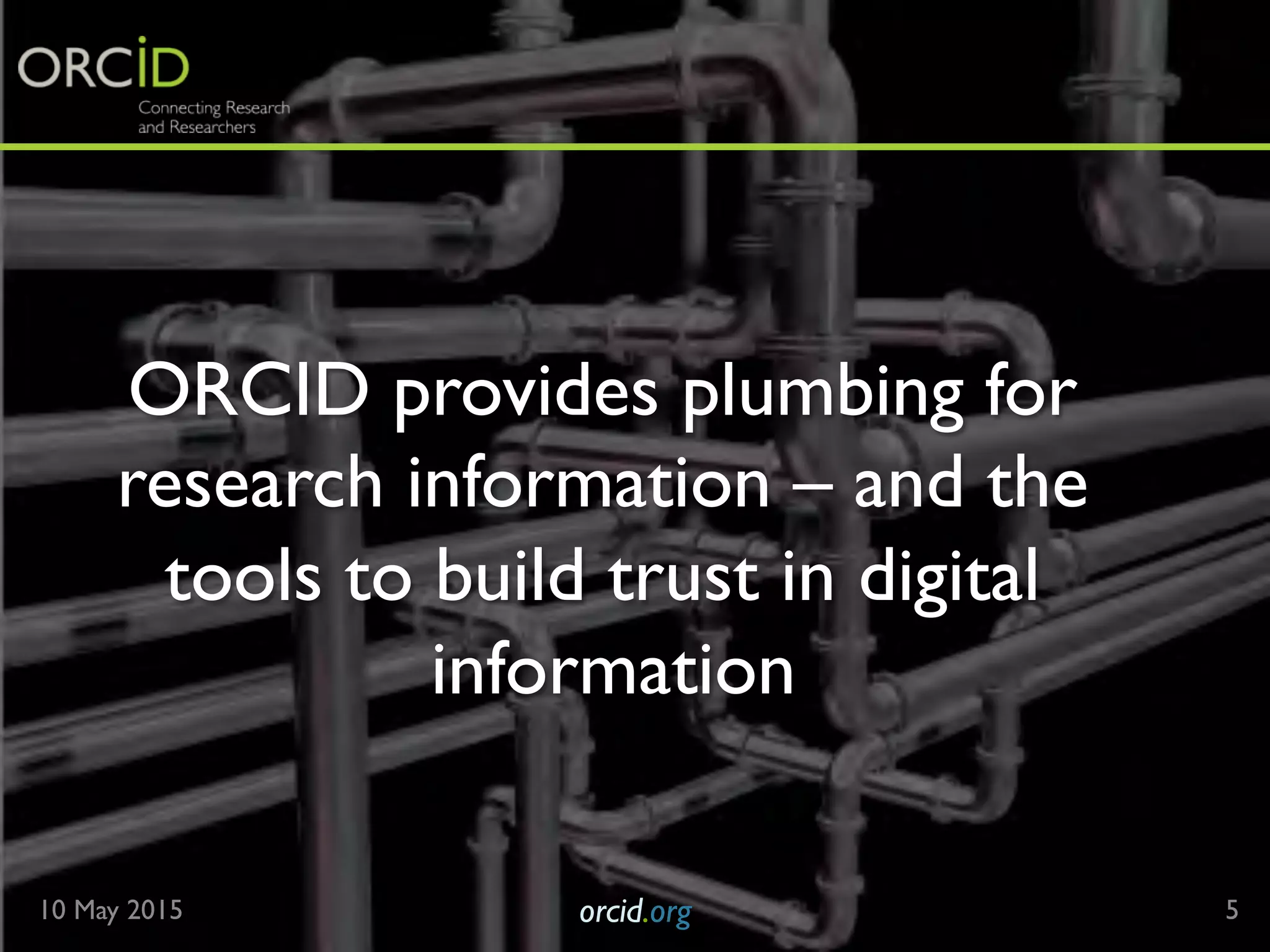 ORCID provides plumbing for
research information – and the
tools to build trust in digital
information
10 May 2015 orcid.org	

 5
 