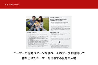 ユーザーの行動パターンを調べ、そのデータを統合して
作り上げたユーザーを代表する仮想の人物
ペルソナについて
 