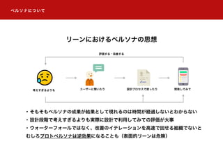 リーンにおけるペルソナの思想
考えすぎるよりも ユーザーに聞いたり 設計プロセスで使ったり 開発してみて
評価する・改善する
ペルソナについて
・そもそもペルソナの成果が結果として現れるのは時間が経過しないとわからない
・設計段階で考えすぎるよりも実際に設計で利用してみての評価が大事
・ウォーターフォールではなく、改善のイテレーションを高速で回せる組織でないと
むしろプロトペルソナは逆効果になることも（表面的リーンは危険）
 