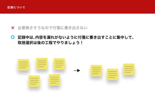 必要無さそうなので付箋に書き出さない
記録中は、内容を漏れがないように付箋に書き出すことに集中して、
取捨選択は後の工程でやりましょう！
記録について
 