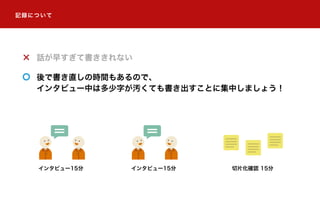 話が早すぎて書ききれない
後で書き直しの時間もあるので、
インタビュー中は多少字が汚くても書き出すことに集中しましょう！
記録について
インタビュー15分 インタビュー15分 切片化確認 15分
 