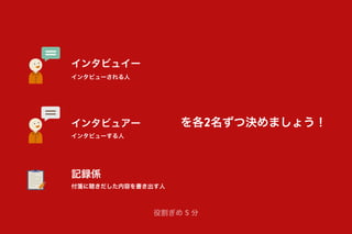 インタビューされる人
インタビューする人
付箋に聴きだした内容を書き出す人
インタビュイー
インタビュアー
記録係
を各2名ずつ決めましょう！
役割ぎめ 5 分
 