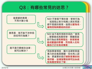 2016/10 台灣反性別暴力資源網
Ｑ8：有哪些常見的迷思？
這是愛的表現，
不用大驚小怪
NO!不管是干預衣著、管束行為
，或是阻止對方和親人朋友見面，
都不是愛的表現。這是以愛為名，
達到控制與壓迫的目的。
意思是，我不能干涉伴侶
的任何行為嗎？
是不是只要修改法律，
就可以解決？
NO!並不是所有對伴侶的「意見
」都會變成高壓控管。關鍵是這
些行為必須長期發生、對受害者
造成嚴重的影響，而加害人也知
道自己正在造成傷害。
有些學者相信，擴大法律對家庭
暴力的定義是關鍵。但也有人認
為，更重要的是打破對家暴的刻
板印象，並增強警政與司法系統
對高壓控管的了解。
 