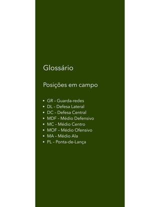 Glossário
Posições em campo
GR – Guarda-redes
DL – Defesa Lateral
DC – Defesa Central
MDF – Médio Defensivo
MC – Médio Centro
MOF – Médio Ofensivo
MA – Médio Ala
PL – Ponta-de-Lança
 