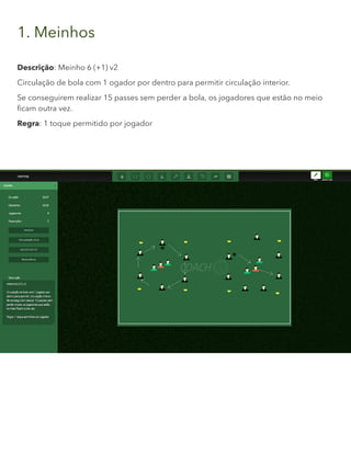 1. Meinhos
Descrição: Meinho 6 (+1) v2
Circulação de bola com 1 ogador por dentro para permitir circulação interior.
Se conseguirem realizar 15 passes sem perder a bola, os jogadores que estão no meio
ficam outra vez.
Regra: 1 toque permitido por jogador
 