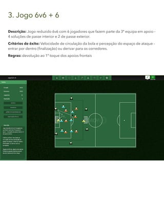 3. Jogo 6v6 + 6
Descrição: Jogo reduzido 6v6 com 6 jogadores que fazem parte da 3ª equipa em apoio -
4 soluções de passe interior e 2 de passe exterior.
Critérios de êxito: Velocidade de circulação da bola e percepção do espaço de ataque -
entrar por dentro (finalização) ou derivar para os corredores.
Regras: devolução ao 1º toque dos apoios frontais
 