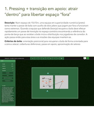 1. Pressing + transição em apoio: atrair
“dentro” para libertar espaço “fora”
Descrição: Num espaço de 15x15m, uma equipa em superioridade numérica (preto)
tenta manter a posse de bola com auxílio de dois jokers que jogam por fora e funcionam
como extremos. Quando a equipa que defende (laranja) recupera a bola deve efetuar
rapidamente um passe de transição no espaço contrário encontrando a referência do
ponta-de-lança que ao receber a bola inicia a distribuição nos jogadores de corredor. A
ação passa então para essa área e as missões das equipas invertem-se.
Critérios de êxito: orientação posicional para recuperar a bola de forma orientada para
a zona a atacar; coberturas defensivas; passe em apoio; aproximação de setores
 