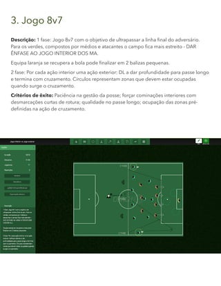 3. Jogo 8v7
Descrição: 1 fase: Jogo 8v7 com o objetivo de ultrapassar a linha final do adversário.
Para os verdes, compostos por médios e atacantes o campo fica mais estreito - DAR
ÊNFASE AO JOGO INTERIOR DOS MA.
Equipa laranja se recupera a bola pode finalizar em 2 balizas pequenas.
2 fase: Por cada ação interior uma ação exterior: DL a dar profundidade para passe longo
e termina com cruzamento. Círculos representam zonas que devem estar ocupadas
quando surge o cruzamento.
Critérios de êxito: Paciência na gestão da posse; forçar cominações interiores com
desmarcações curtas de rotura; qualidade no passe longo; ocupação das zonas pré-
definidas na ação de cruzamento.
 