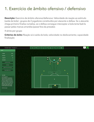 1. Exercício de âmbito ofensivo / defensivo
Descrição: Exercício de âmbito ofensivo/defensivo: Velocidade de reação ao estímulo
(saída da bola) - grupos de 2 jogadores constituídos por atacante e defesa. Se o atacante
chega primeiro finaliza na baliza, se o defesa consegue interceptar a bola tenta fazê-la
passar pelas marcas amarelas (passe fora da pressão).
4 séries por grupo
Critérios de êxito: Reação só à saída da bola; velocidade no deslocamento; capacidade
finalização
 