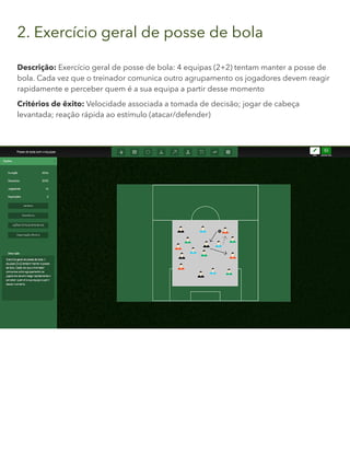 2. Exercício geral de posse de bola
Descrição: Exercício geral de posse de bola: 4 equipas (2+2) tentam manter a posse de
bola. Cada vez que o treinador comunica outro agrupamento os jogadores devem reagir
rapidamente e perceber quem é a sua equipa a partir desse momento
Critérios de êxito: Velocidade associada a tomada de decisão; jogar de cabeça
levantada; reação rápida ao estímulo (atacar/defender)
 