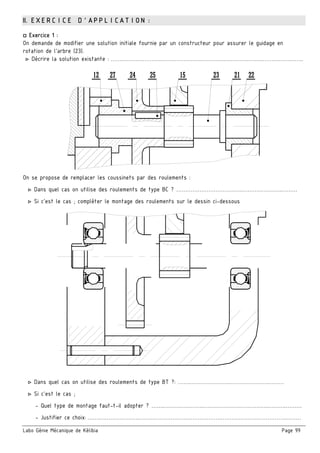 Labo Génie Mécanique de Kélibia Page 99
II. EXERCICE D’APPLICATION :
□ Exercice 1 :
On demande de modifier une solution initiale fournie par un constructeur pour assurer le guidage en
rotation de l’arbre (23).
▷ Décrire la solution existante : …….………………….………………….………….………………….…………………..
2221231525242712 2221231525242712
On se propose de remplacer les coussinets par des roulements :
▷ Dans quel cas on utilise des roulements de type BC ? ……………………………….………………….………
▷ Si c’est le cas ; compléter le montage des roulements sur le dessin ci-dessous
▷ Dans quel cas on utilise des roulements de type BT ?: …….………………….………………….………
▷ Si c’est le cas ;
- Quel type de montage faut-t-il adopter ? …….………………….……………………………….……….………
- Justifier ce choix: …….………………….……………………………………………………………………….………
 