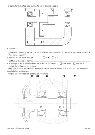 Labo Génie Mécanique de Kélibia Page 100
▷ Compléter le montage des roulements sur le dessin ci-dessous
□ Exercice 2 :
Le guidage en rotation de l’arbre (27) est assuré par deux roulements (R1) et (R2) à une rangée de billes à
contact oblique (type BT).
▷ Quel est le type de ce montage ?  en X  en O
▷ Justifier le choix de ce montage …….…………………………………….……………………………….……….………
▷ Le réglage du jeu de fonctionnement sera fait sur les bagues :  extérieures  intérieures
▷ Réaliser le montage de ces roulements
- Compléter la liaison encastrement de la roue conique (23) avec l’arbre (27) en utilisant les composants
normalisés fournis ci-dessous.
- Indiquer les tolérances des portées des roulements.
Ø
..........
Ø
..........
Ø
..........
23 R1 28 R2 27
 