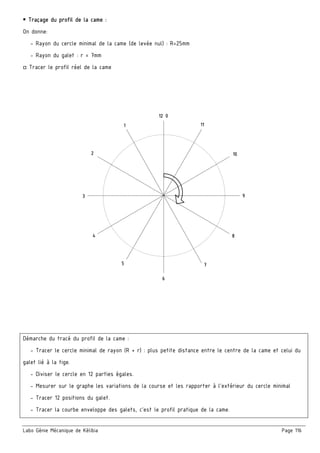 Labo Génie Mécanique de Kélibia Page 116
 Traçage du profil de la came :
On donne:
- Rayon du cercle minimal de la came (de levée nul) : R=25mm
- Rayon du galet : r = 7mm
□ Tracer le profil réel de la came
Démarche du tracé du profil de la came :
- Tracer le cercle minimal de rayon (R + r) : plus petite distance entre le centre de la came et celui du
galet lié à la tige.
- Diviser le cercle en 12 parties égales.
- Mesurer sur le graphe les variations de la course et les rapporter à l’extérieur du cercle minimal
- Tracer 12 positions du galet.
- Tracer la courbe enveloppe des galets, c’est le profil pratique de la came.
0
1
2
3
4
5
6
7
8
9
10
11
12
 