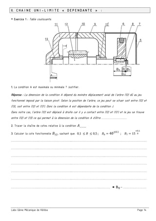 Labo Génie Mécanique de Kélibia Page 14
II. CHAINE UNI-LIMITE « DEPENDANTE » :
￭ Exercice 1 : Table coulissante.
1. La condition A est maximale ou minimale ? Justifier.
Réponse : La dimension de la condition A dépend du moindre déplacement axial de l'arbre (12) dû au jeu
fonctionnel imposé par la liaison pivot. Selon la position de l’arbre, ce jeu peut se situer soit entre (12) et
(13), soit entre (12) et (13'). Donc la condition A est dépendante de la condition J.
Dans notre cas, l'arbre (12) est déplacé à droite car il y a contact entre (12) et (13') et le jeu se trouve
entre (12) et (13) ce qui permet à la dimension de la condition A d'être …………………….….
2. Tracer la chaîne de cotes relative à la condition ……….
3. Calculer la cote fonctionnelle , sachant que: 	0,1	 	 0,5	;				 40 0.1
		;				 15
.
	
…………………………..………………………………...………………………………..…………………………………………
…………………………..………………………………...………………………………..…………………………………………
…………………………..………………………………...………………………………..…………………………………………
…………………………..………………………………...………………………………..…………………………………………
…………………………..………………………………...………………………………..…………………………………………
…………………………..………………………………...………………………………..…………………………………………
…………………………..………………………………...…………………………..…………  B12 = ………………………
 