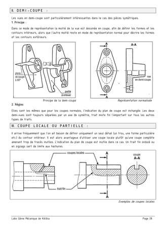 Labo Génie Mécanique de Kélibia Page 28
II. DEMI-COUPE :
Les vues en demi-coupe sont particulièrement intéressantes dans le cas des pièces symétriques.
1. Principe :
Dans ce mode de représentation la moitié de la vue est dessinée en coupe, afin de définir les formes et les
contours intérieurs, alors que l'autre moitié reste en mode de représentation normal pour décrire les formes
et les contours extérieurs.
Principe de la demi-coupe Représentation normalisée
2. Règles
Elles sont les mêmes que pour les coupes normales, l'indication du plan de coupe est inchangée. Les deux
demi-vues sont toujours séparées par un axe de symétrie, trait mixte fin l'emportant sur tous les autres
types de traits.
III. COUPE LOCALE OU PARTIELLE :
II arrive fréquemment que l'on ait besoin de définir uniquement un seul détail (un trou, une forme particulière
etc.) du contour intérieur. Il est alors avantageux d'utiliser une coupe locale plutôt qu'une coupe complète
amenant trop de tracés inutiles. L'indication du plan de coupe est inutile dans ce cas. Un trait fin ondulé ou
en zigzags sert de limite aux hachures.
Exemples de coupes locales
 